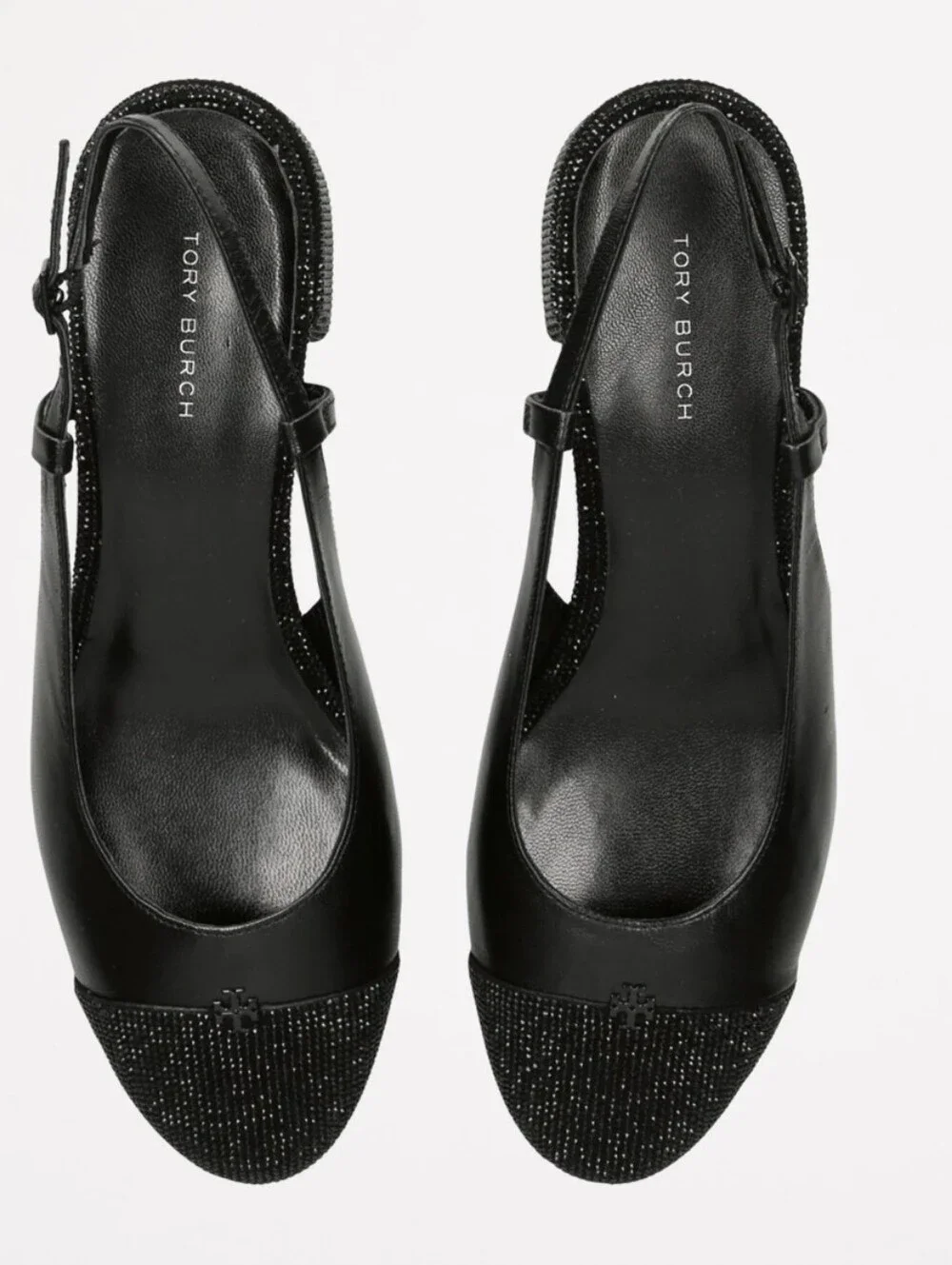 #701 Tory Burch black leather block heel slingback pumps with glittery embellish